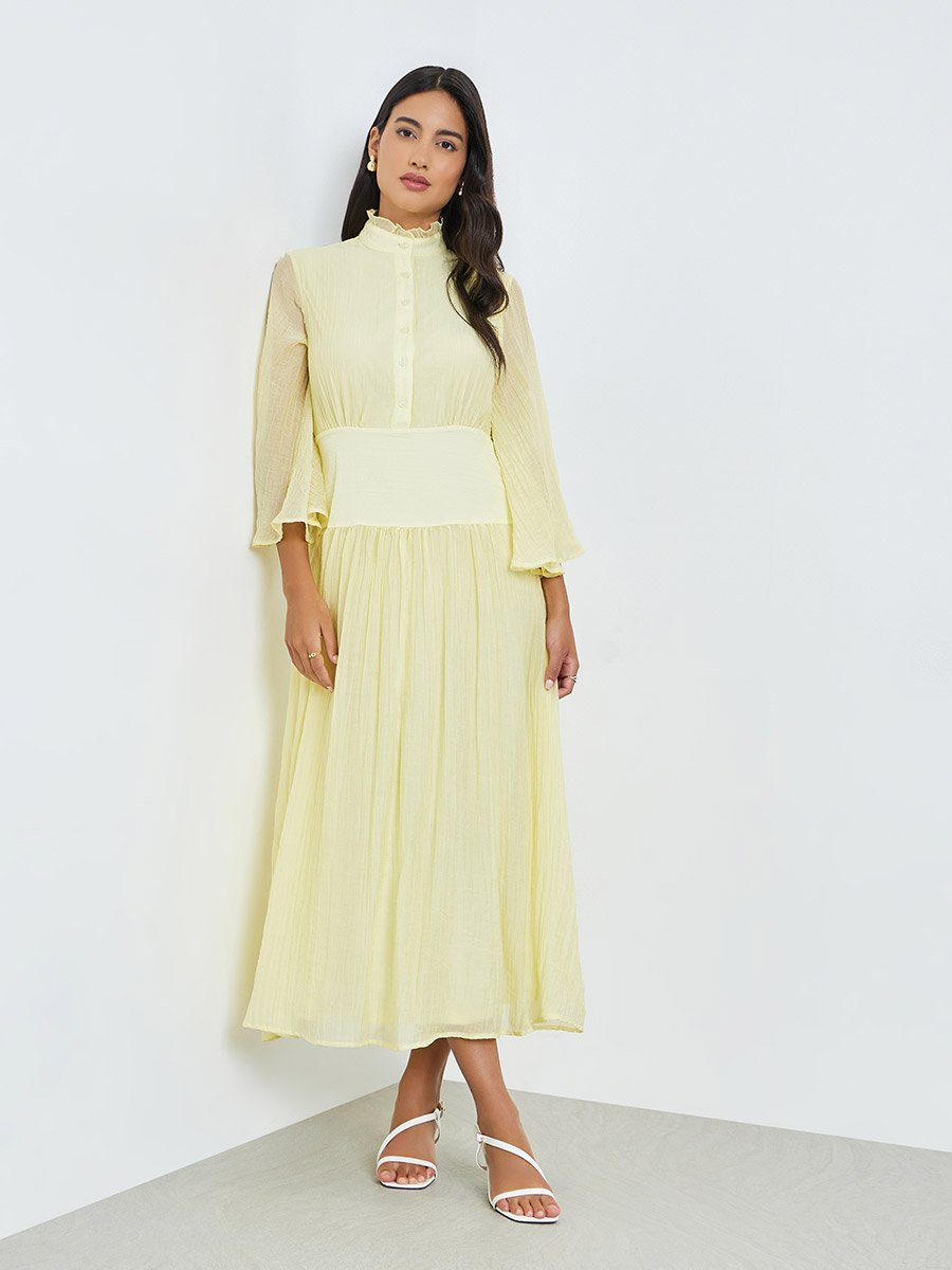 Yellow Crinkle A-Line Maxi Dress