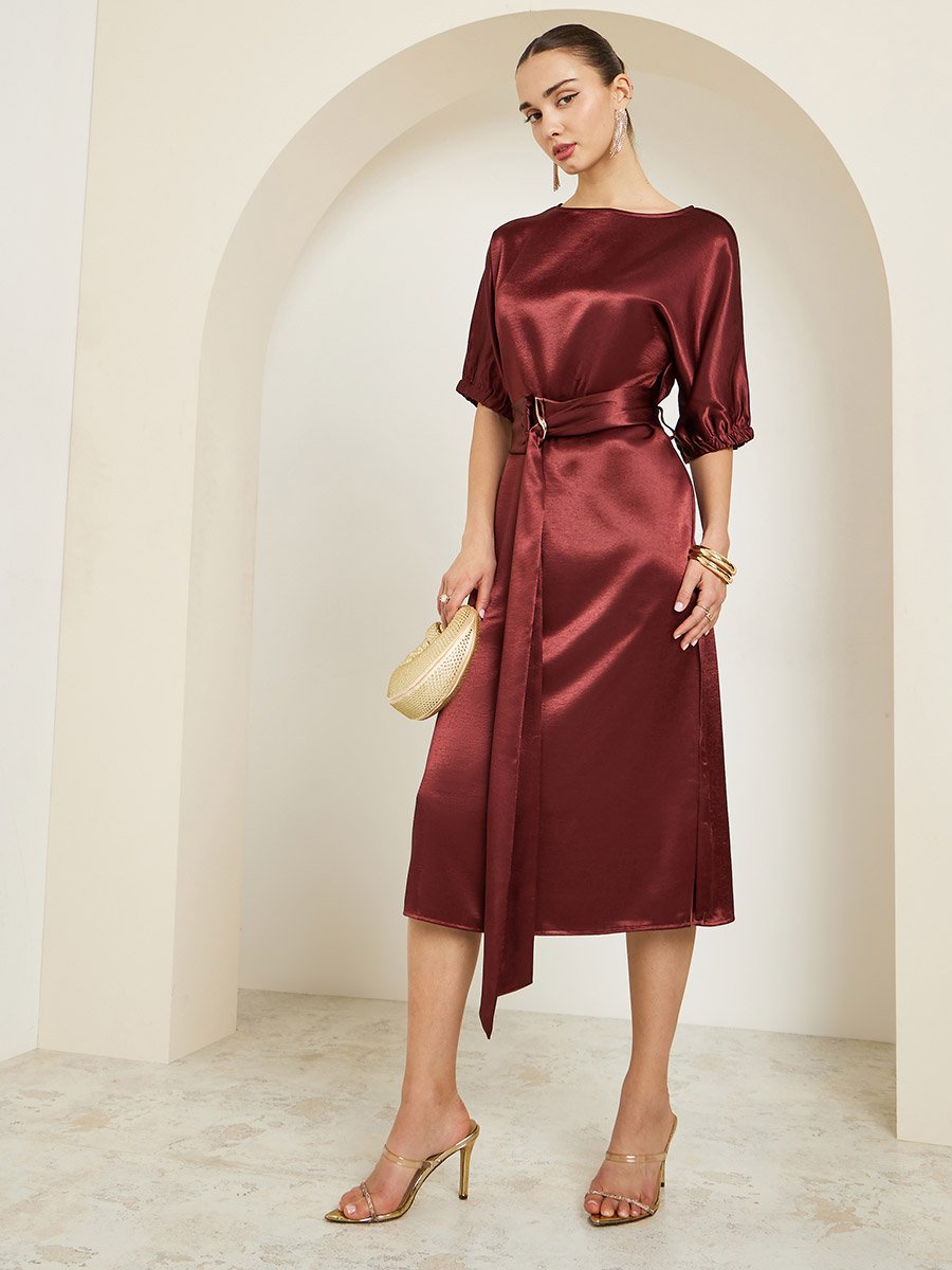 princess polly baby blue dress Burgundy Satin Sheath Midi Dress with Belt For Women at Kuwait