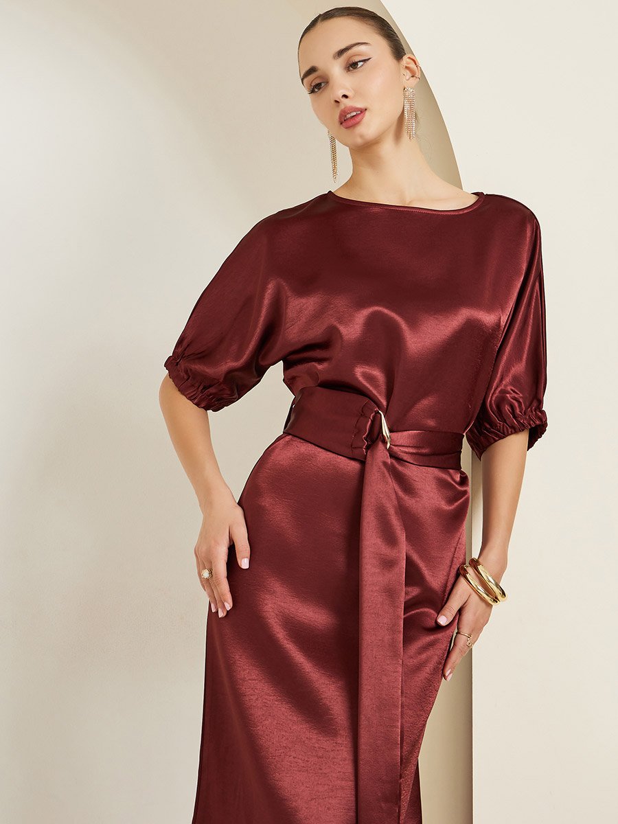 Burgundy Satin Sheath Midi Dress with Belt For Women at Kuwait | Styli Burgundy Satin Sheath Midi Dress with Belt For Women at Kuwait | Styli