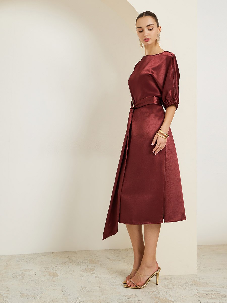 Burgundy Satin Sheath Midi Dress with Belt