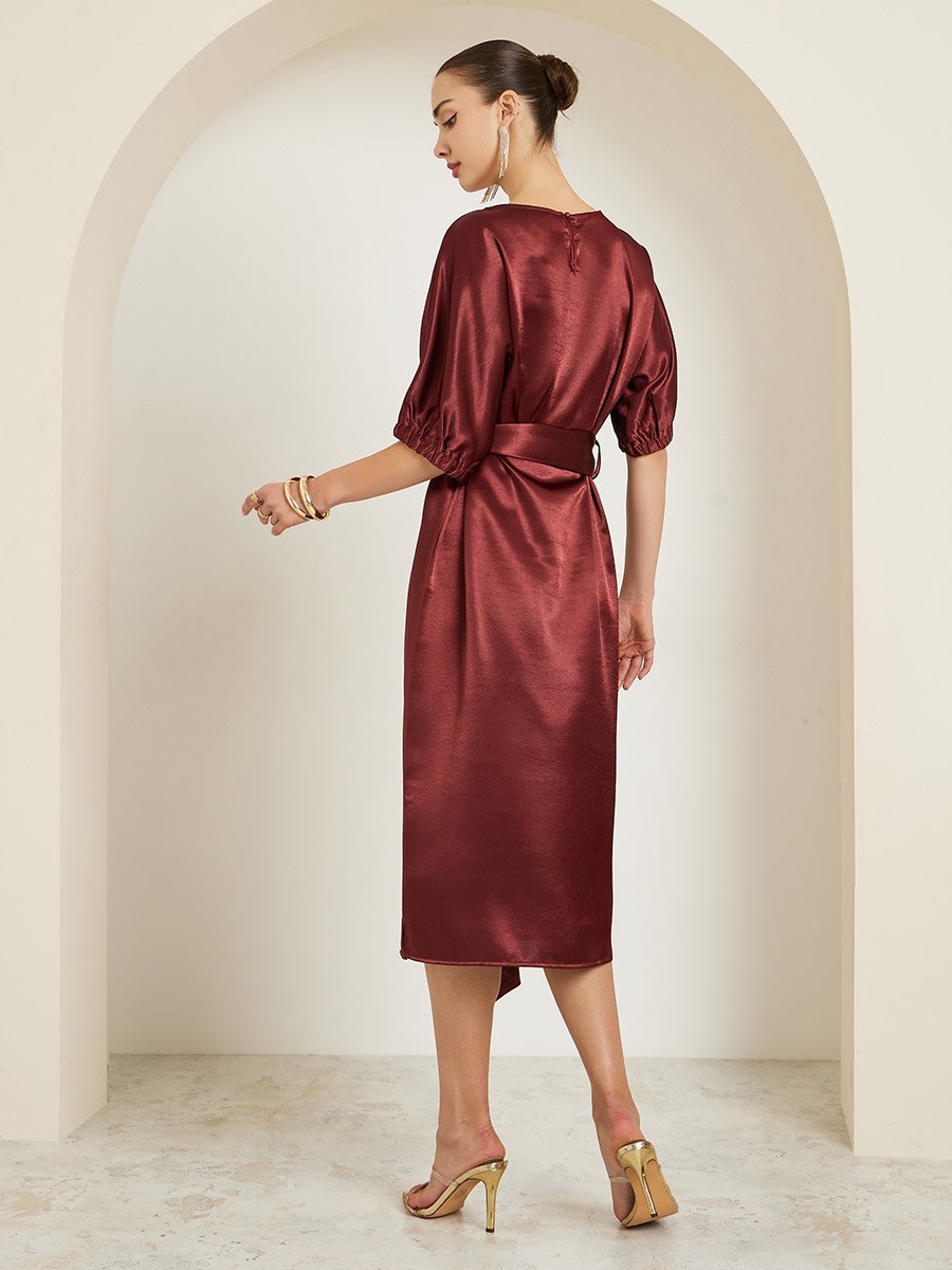 Burgundy Satin Sheath Midi Dress with Belt For Women at Kuwait
