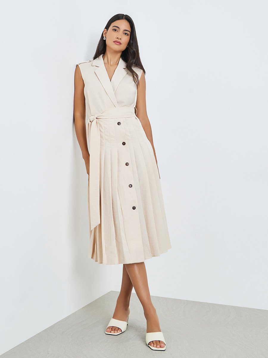Beige Blazer Midi Dress with Tie Up Belt