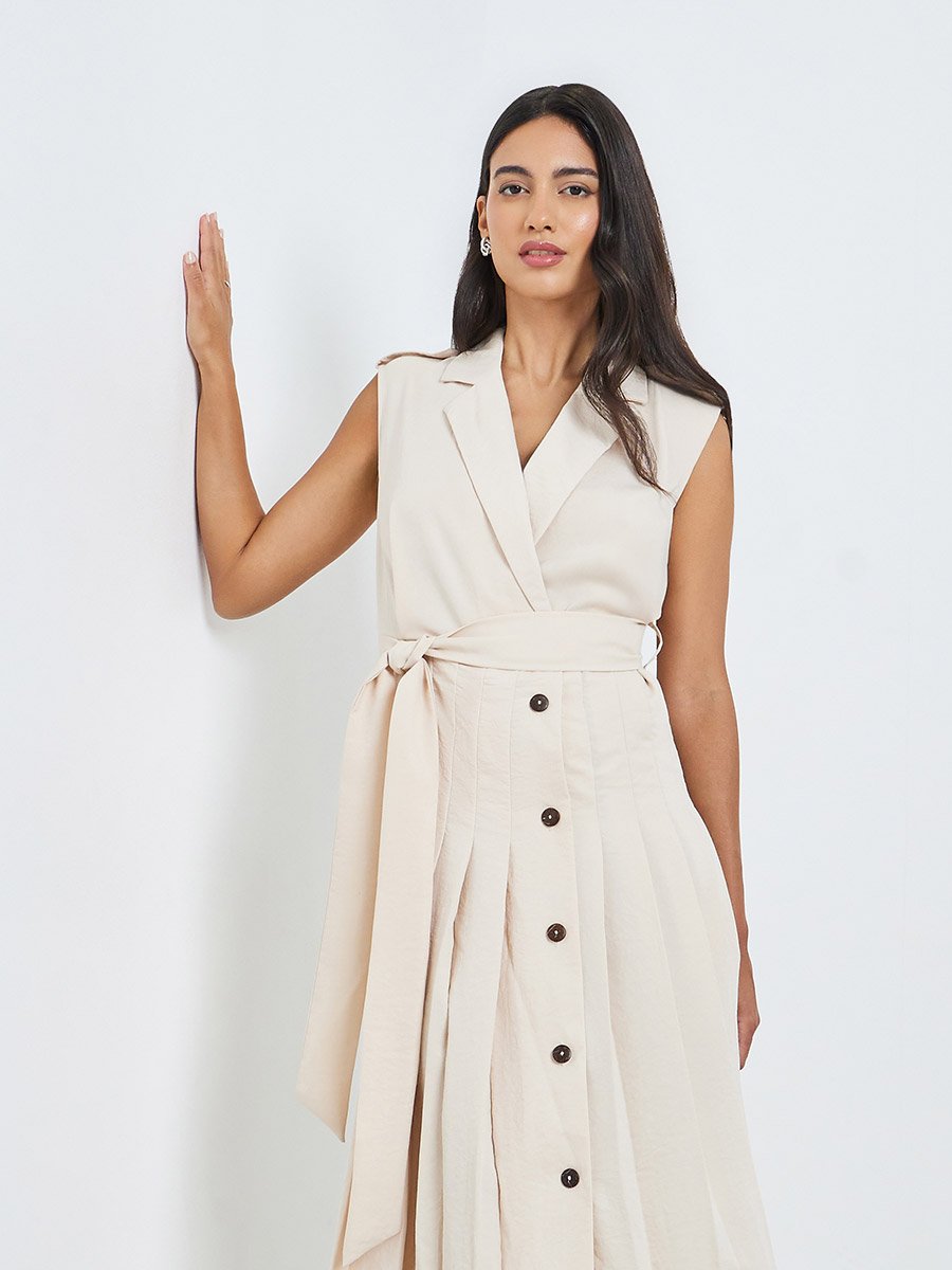 Beige Blazer Midi Dress with Tie Up Belt