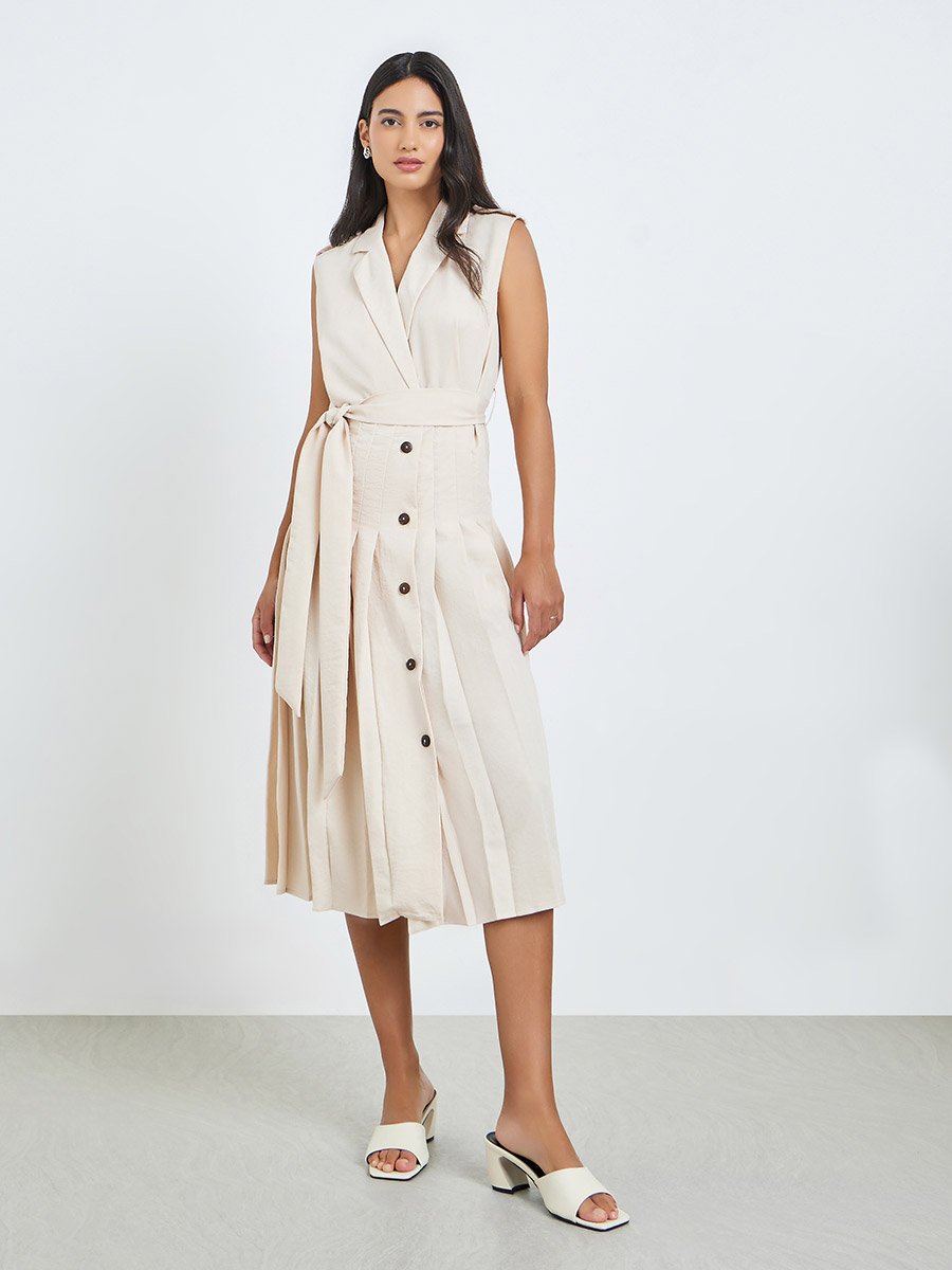 Beige Blazer Midi Dress with Tie Up Belt