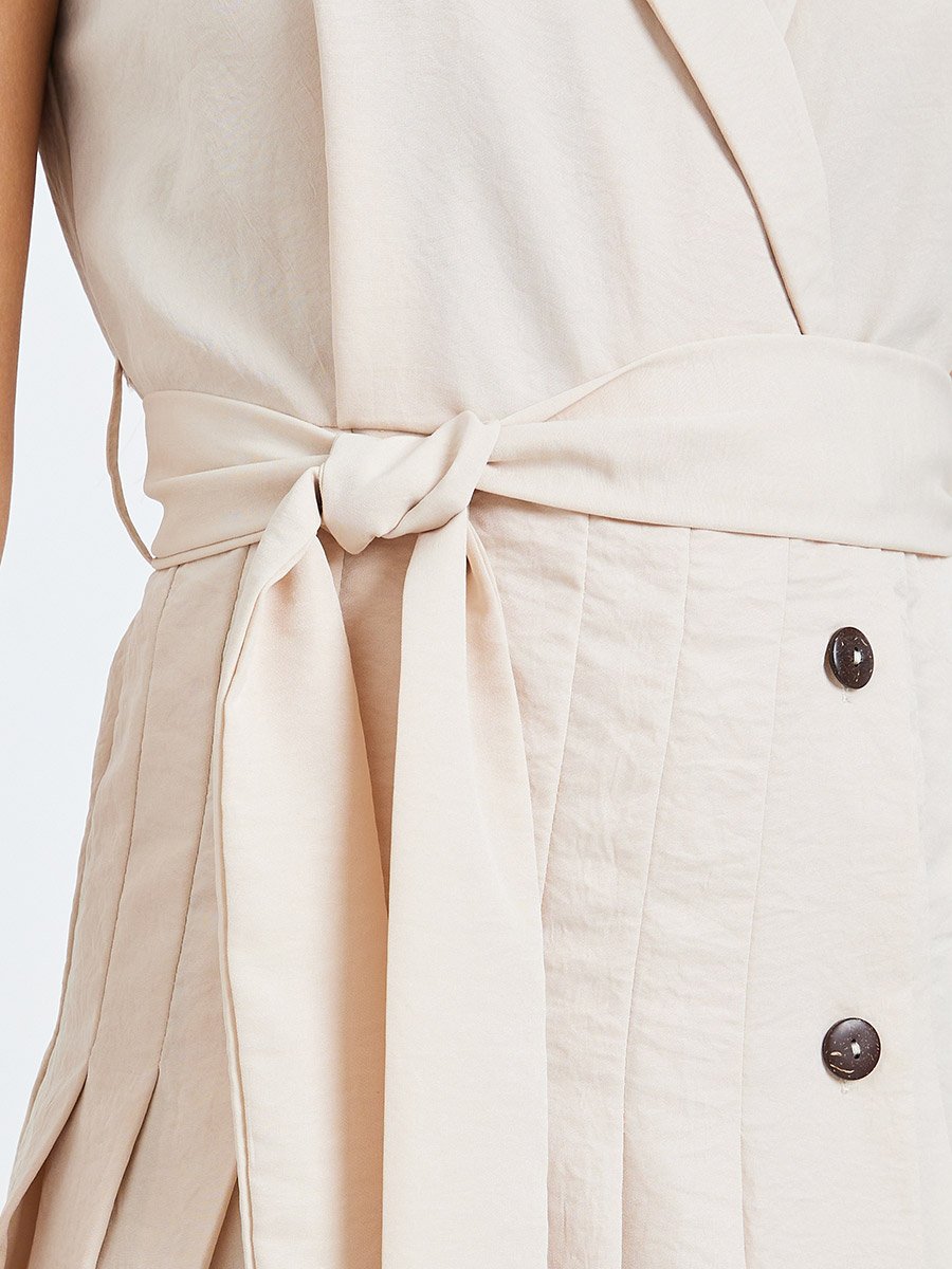 Beige Blazer Midi Dress with Tie Up Belt