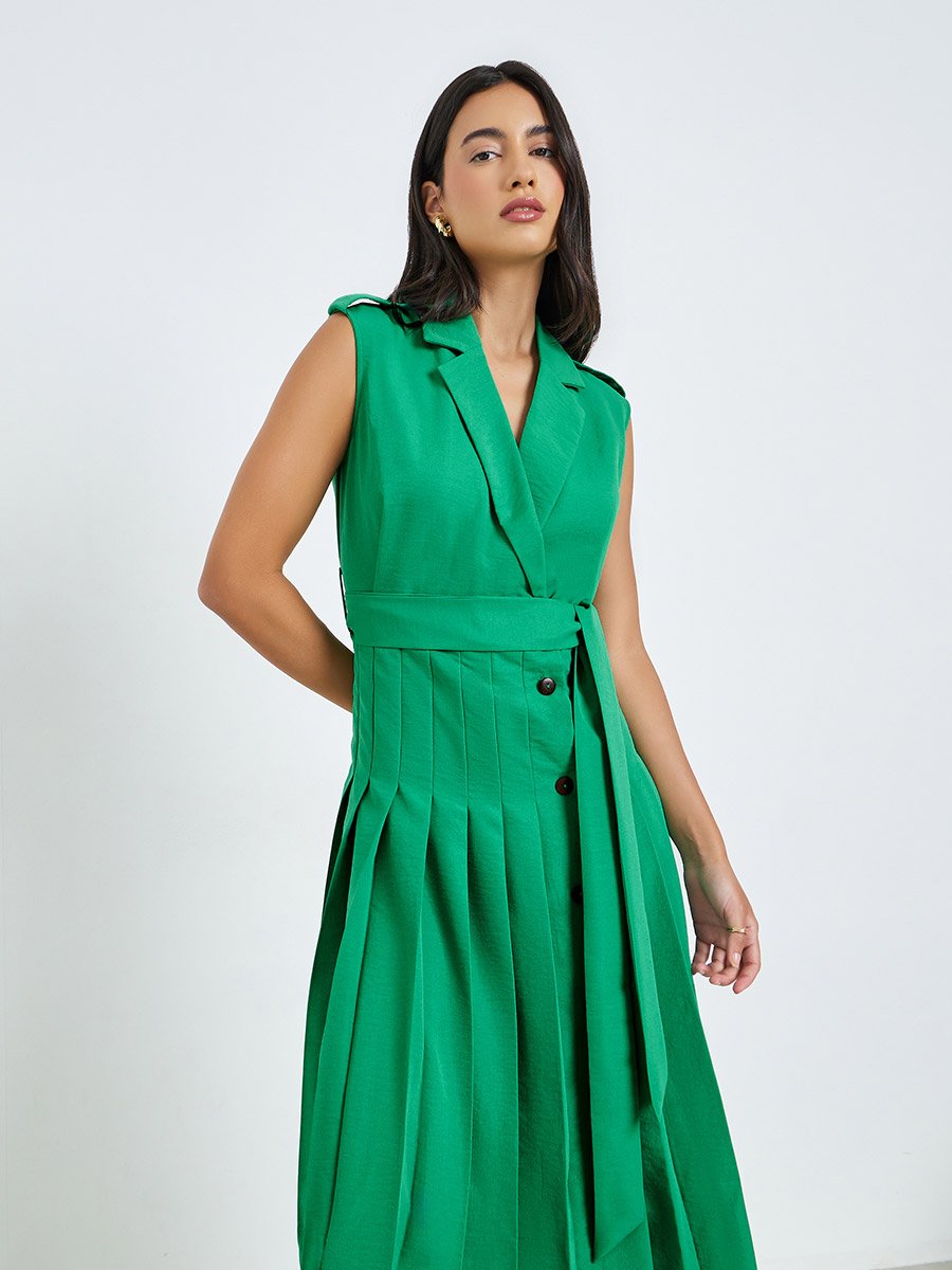 Green Blazer Midi Dress with Tie Up Belt