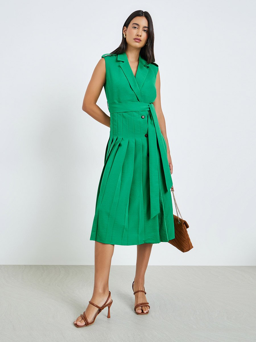 Green Blazer Midi Dress with Tie Up Belt