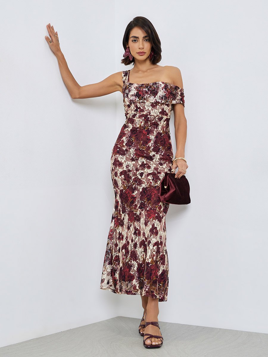 red off shoulder floral lace maxi dress Dolce & Gabbana Floral Lace Trim Off Shoulder Maxi Dress main image 1