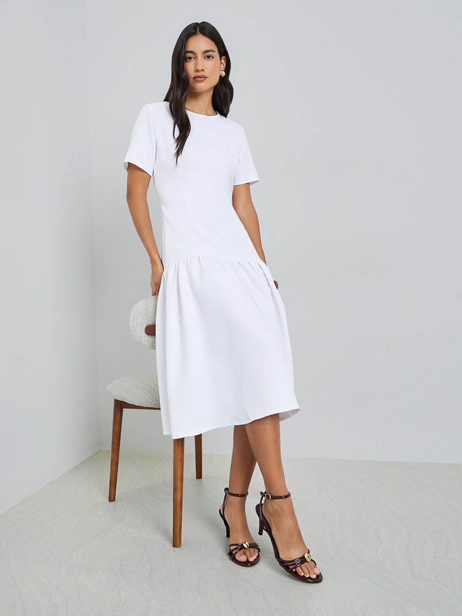 White Solid Drop Waist Short Sleeves Midi Dress For Women at Kuwait | Styli White Solid Drop Waist Short Sleeves Midi Dress For Women at Kuwait | Styli