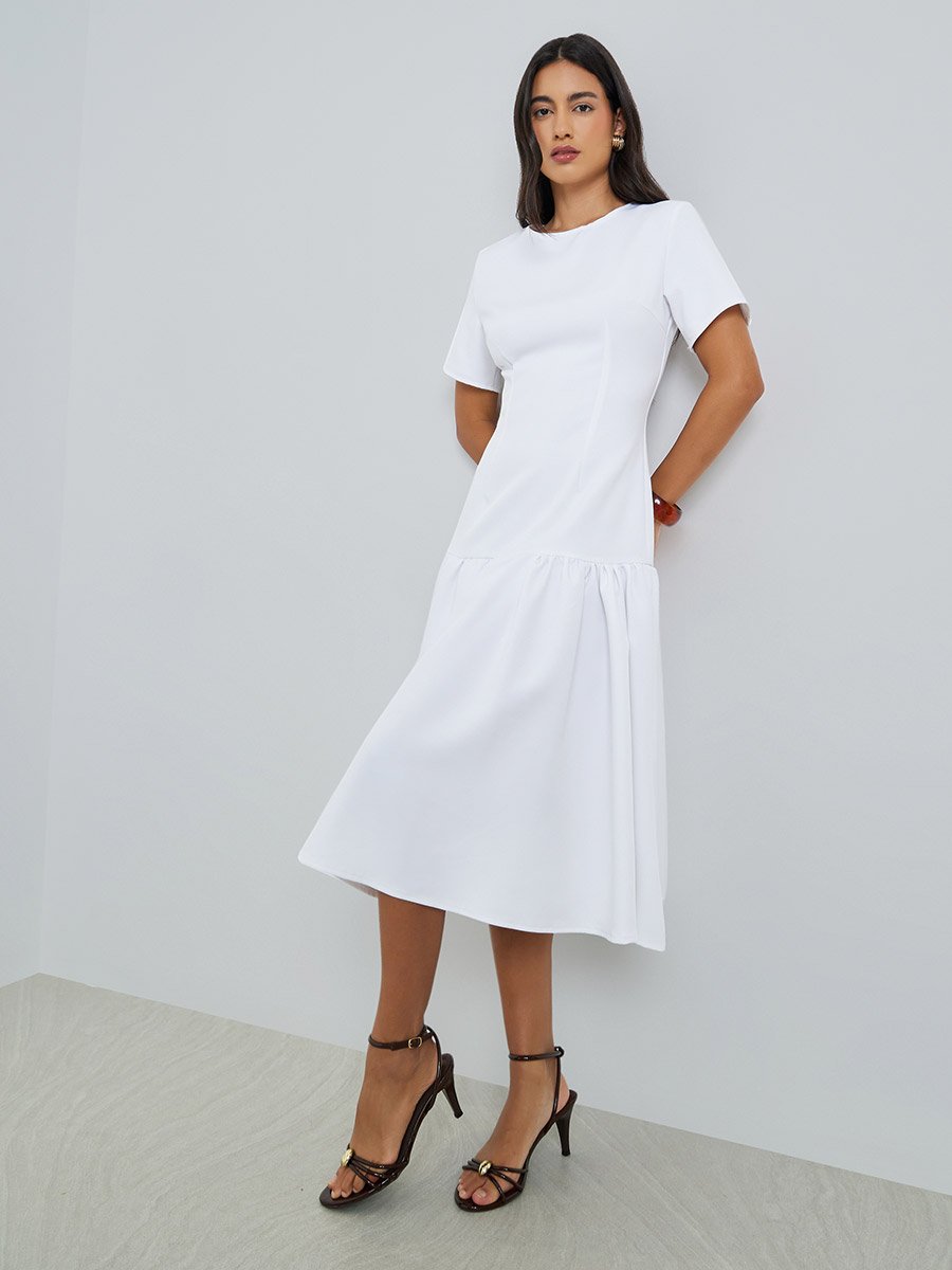 White Solid Drop Waist Short Sleeves Midi Dress