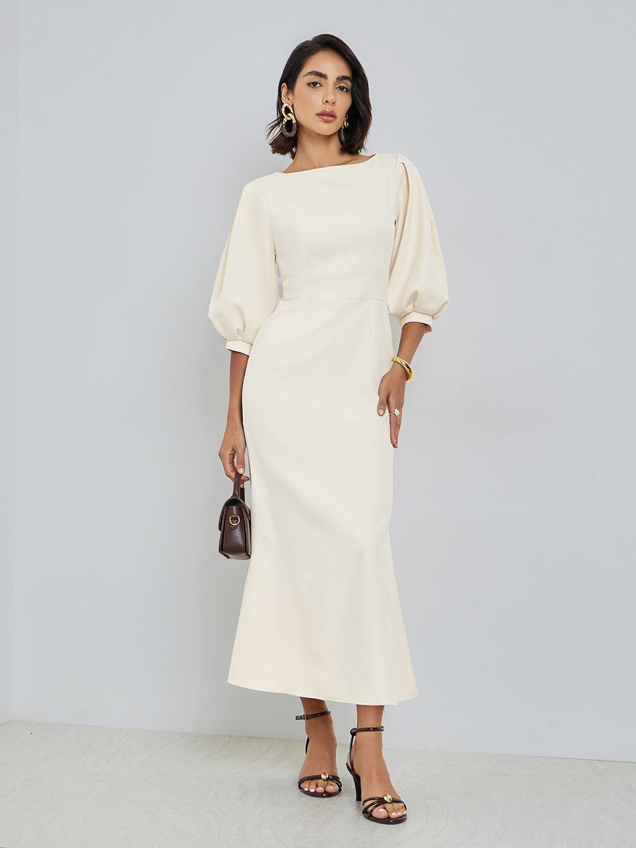 white 3 4 sleeve midi dress Ivory Smocked Top 3/4 Sleeve Midi Dress
