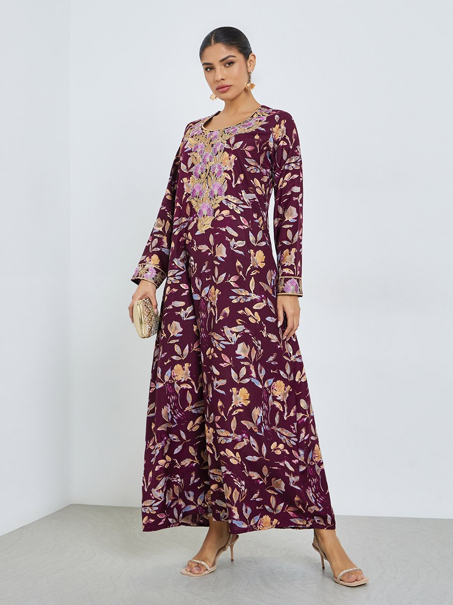 Maroon Floral Print Mukhawar Jalabiya