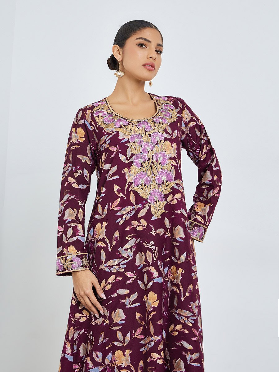Maroon Floral Print Mukhawar Jalabiya