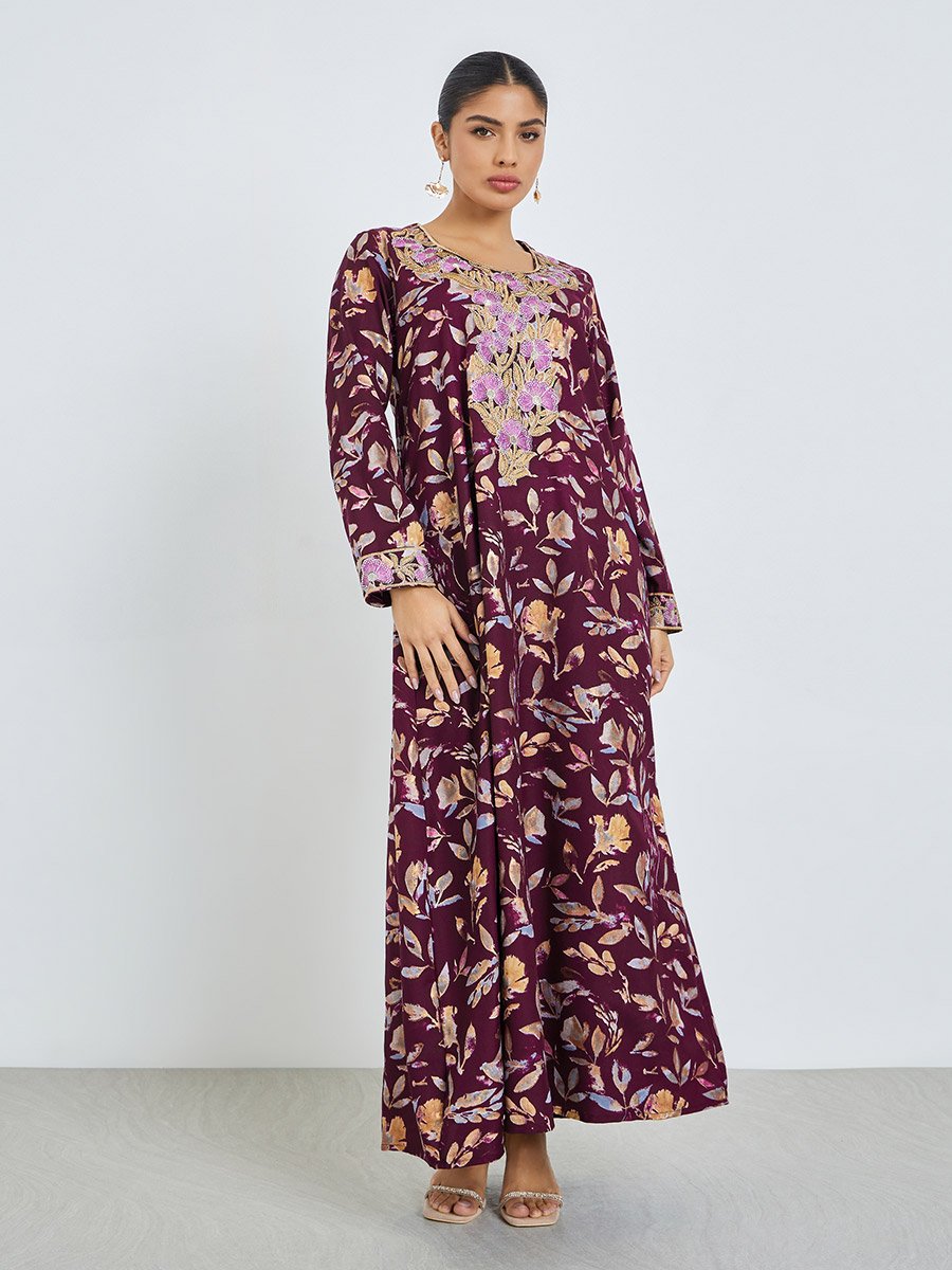 Maroon Floral Print Mukhawar Jalabiya