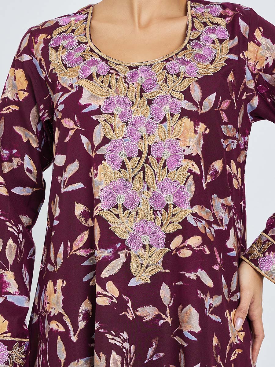 Maroon Floral Print Mukhawar Jalabiya