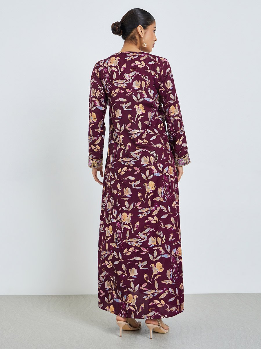 Maroon Floral Print Mukhawar Jalabiya