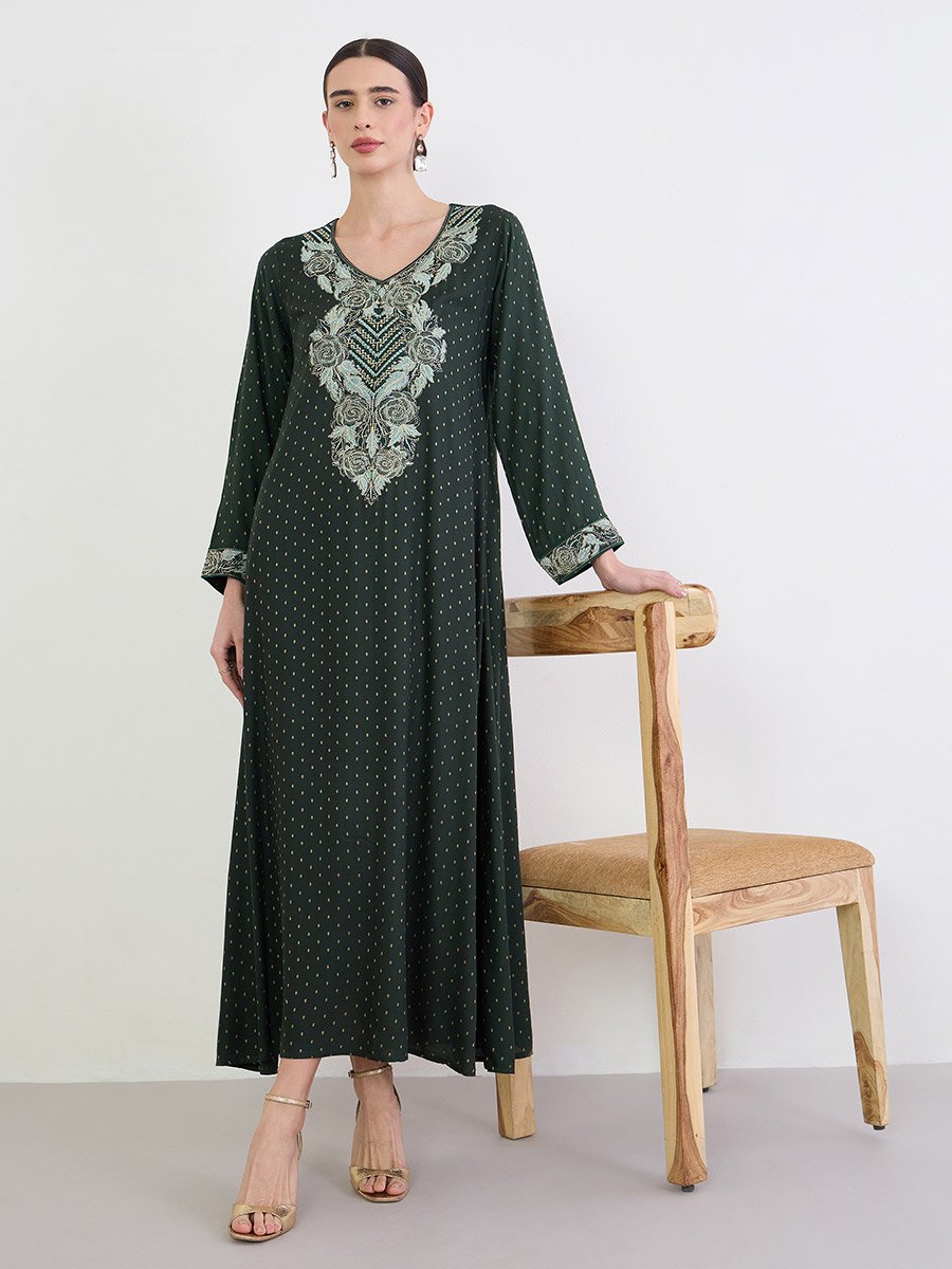 Green Embroidered A-Line Jalabiya