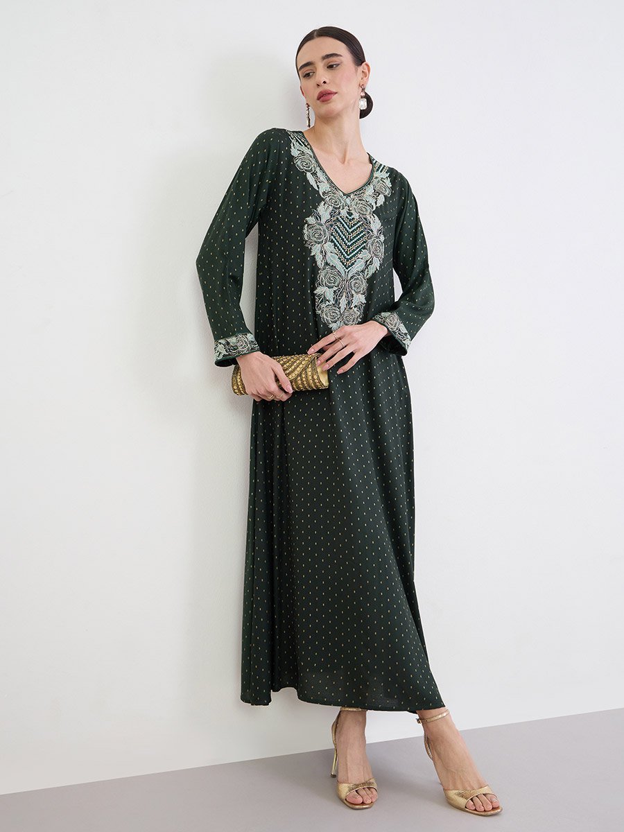 Green Embroidered A-Line Jalabiya