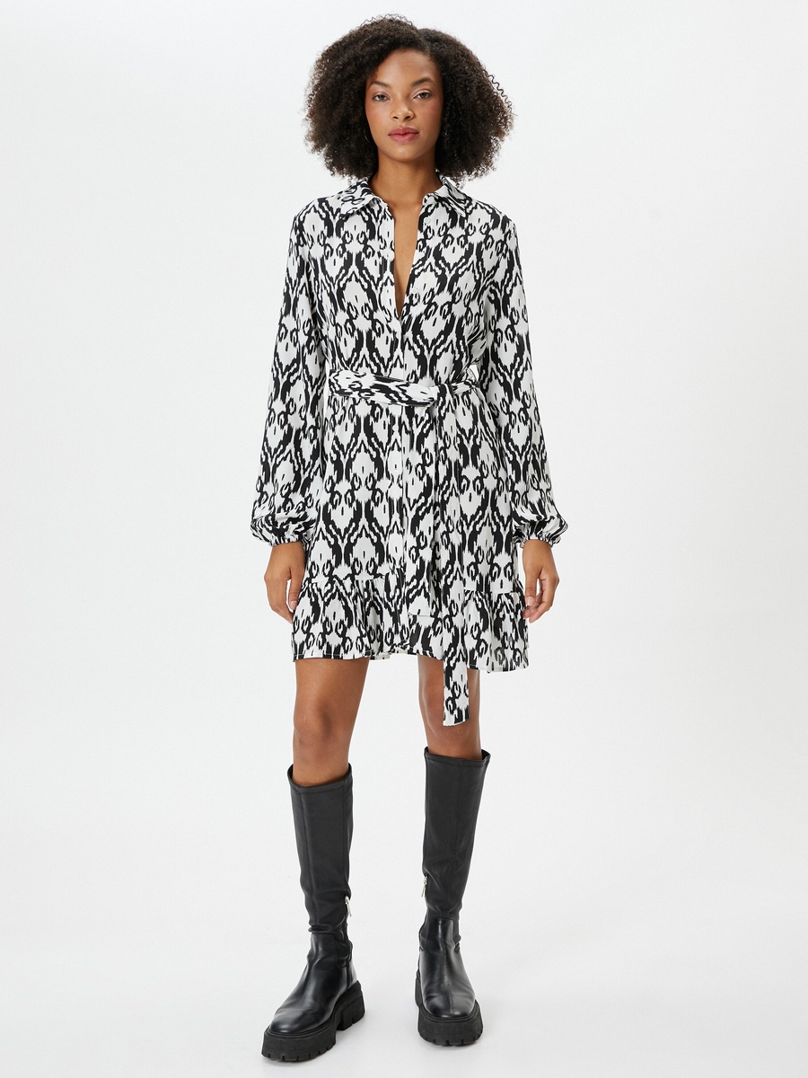 Printed Collared A-Line Mini Dress with Belt Detail
