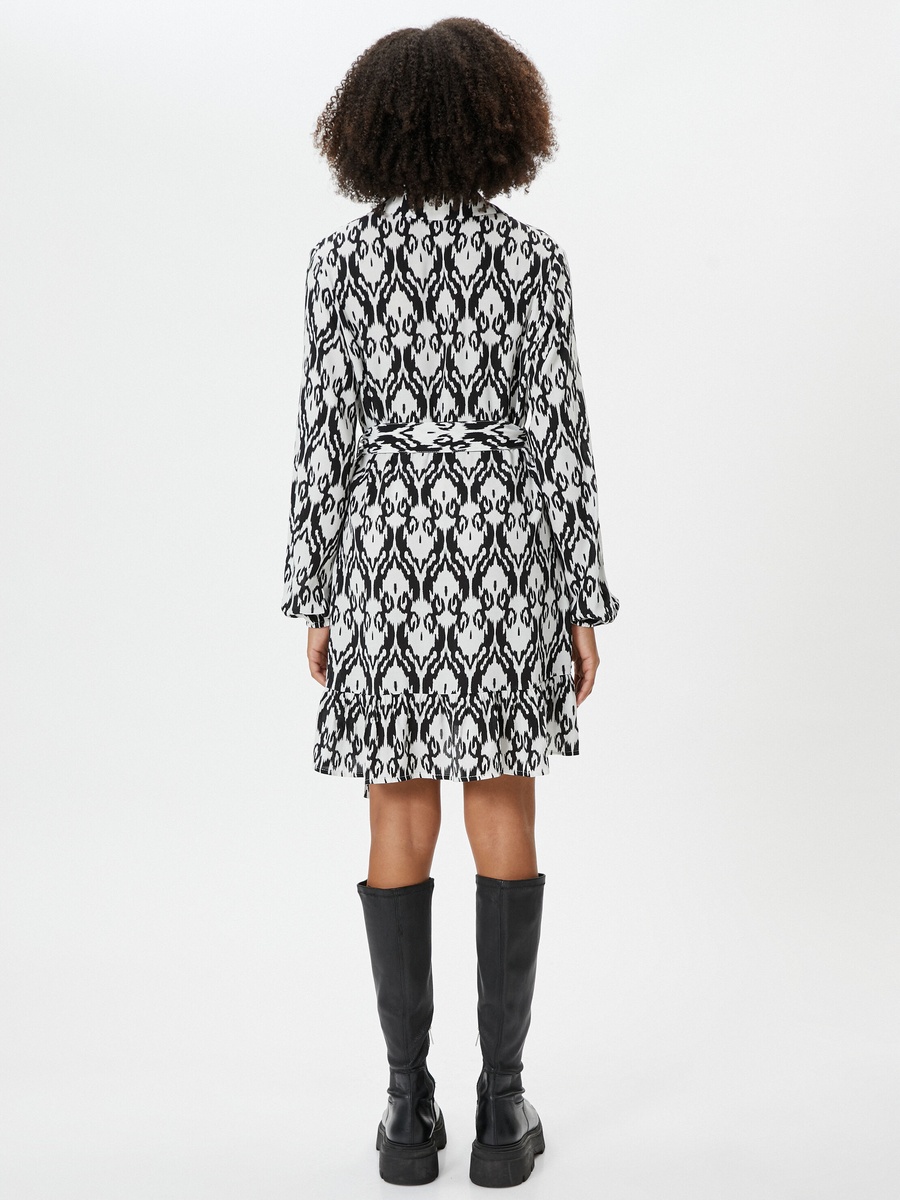 Printed Collared A-Line Mini Dress with Belt Detail