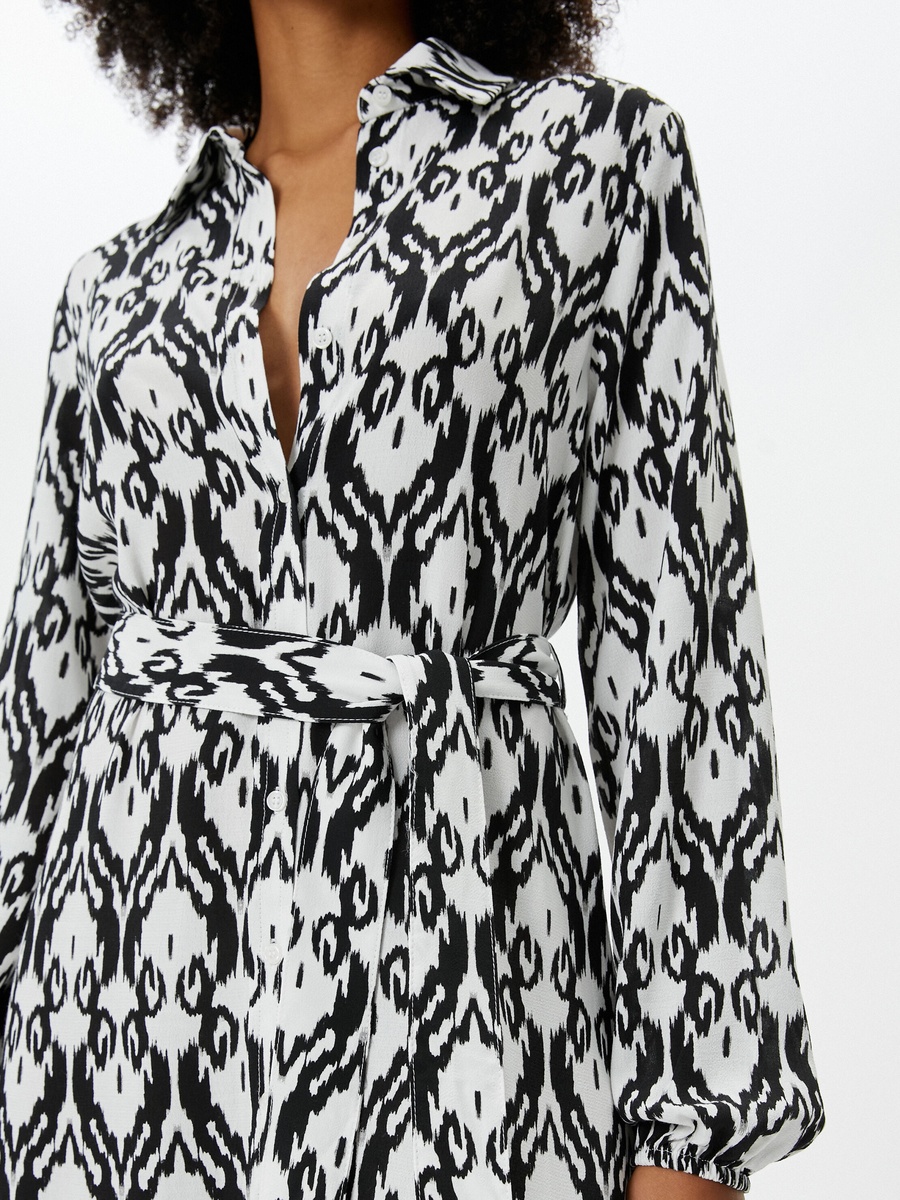 Printed Collared A-Line Mini Dress with Belt Detail