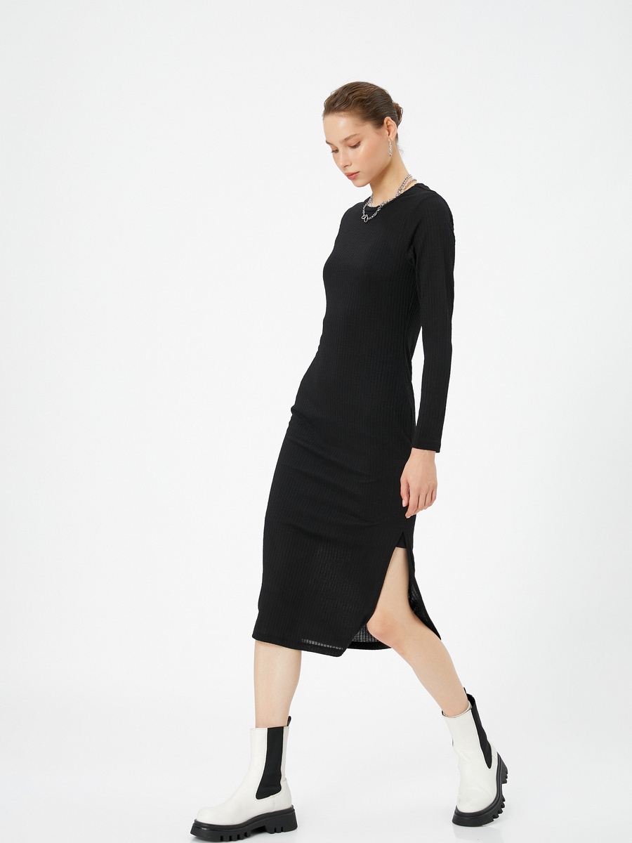 Solid Long Sleeve Sheath Dress with Slit Detail
