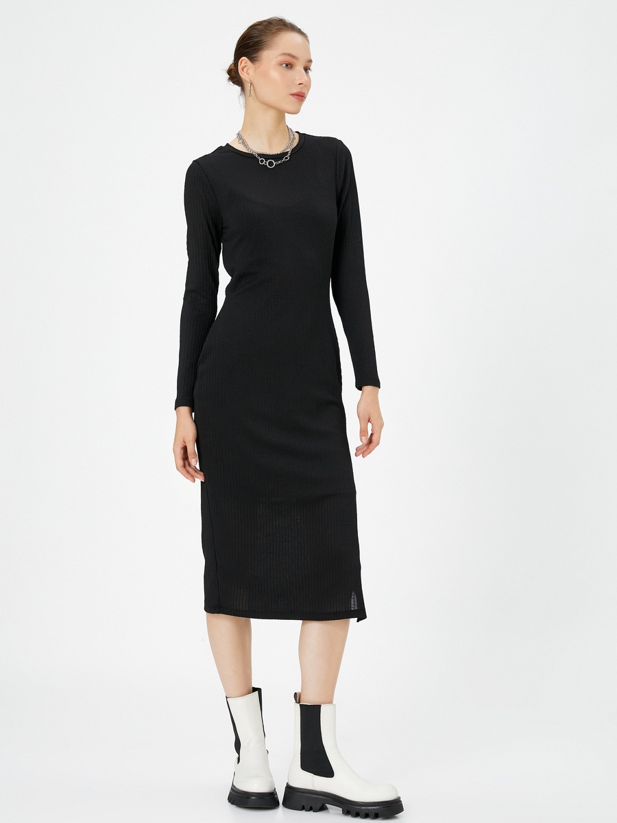 Solid Long Sleeve Sheath Dress with Slit Detail