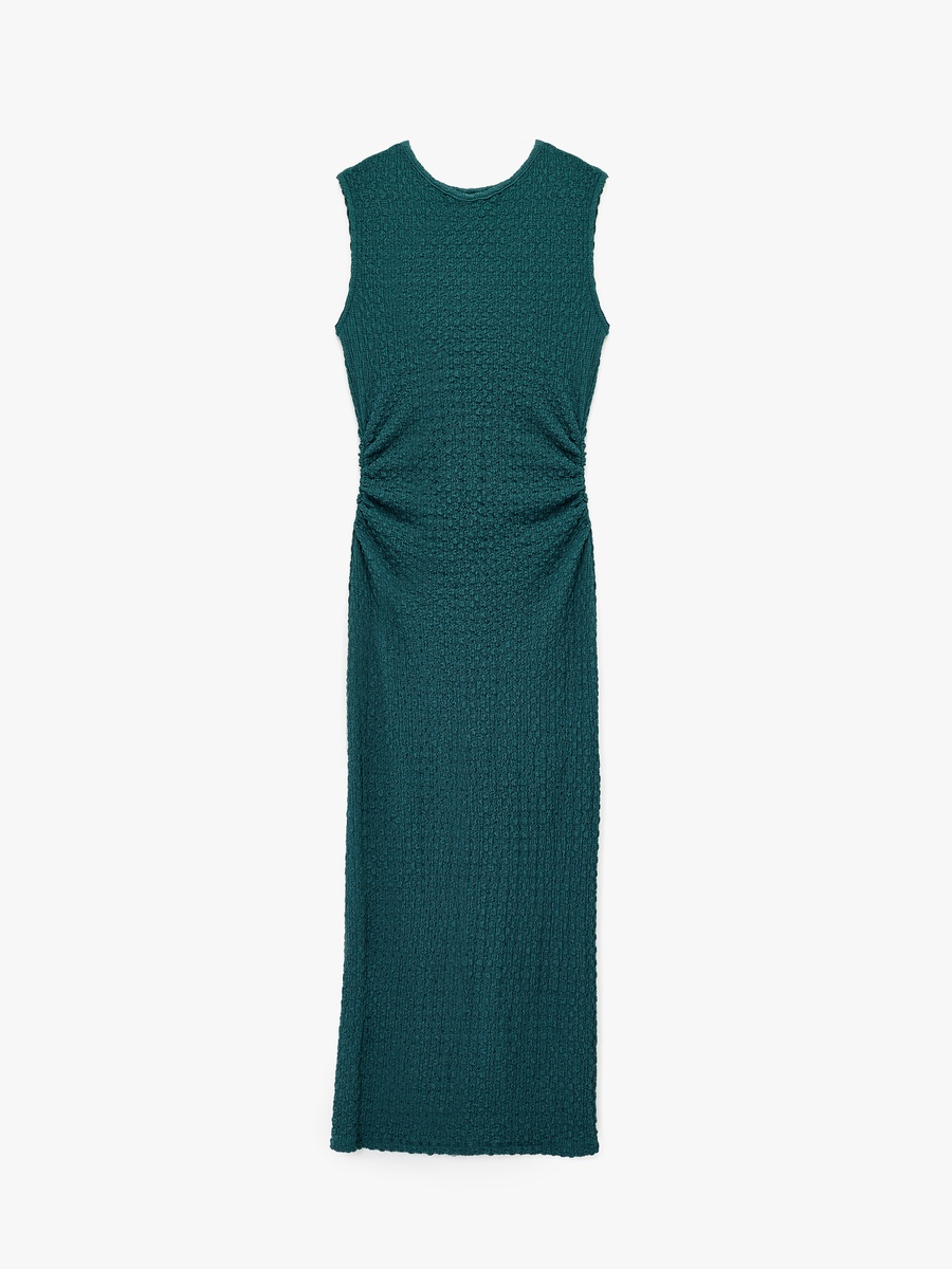 Textured Sleeveless Midi Sheath Dress with Side Ruching
