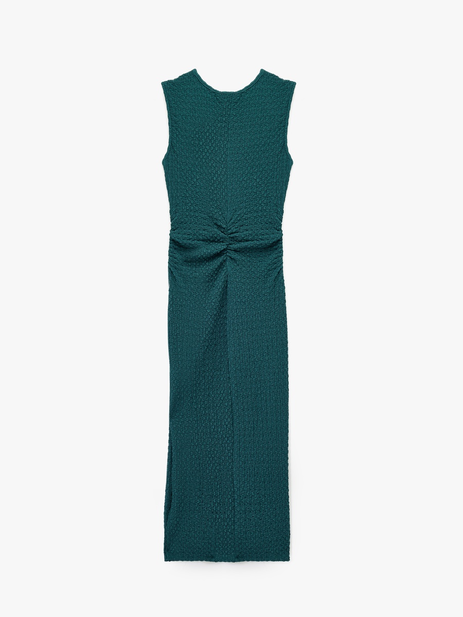 Textured Sleeveless Midi Sheath Dress with Side Ruching