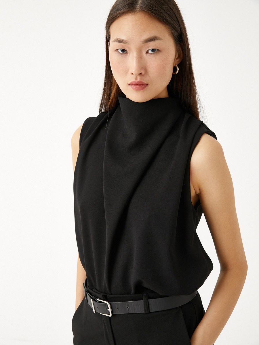 Sleeveless Draped Blouse with High Neck