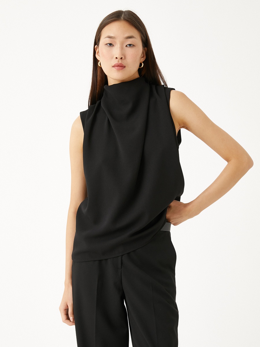Sleeveless Draped Blouse with High Neck
