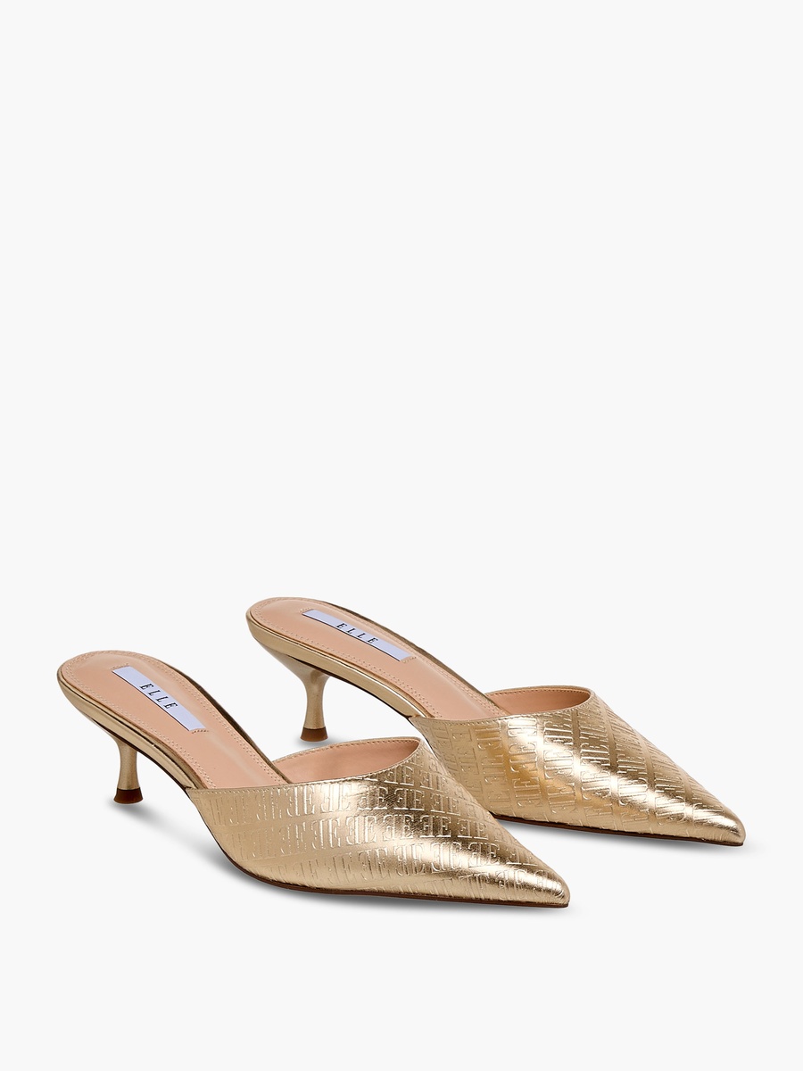 Women Monogram Embossed Kitten Heel Mules