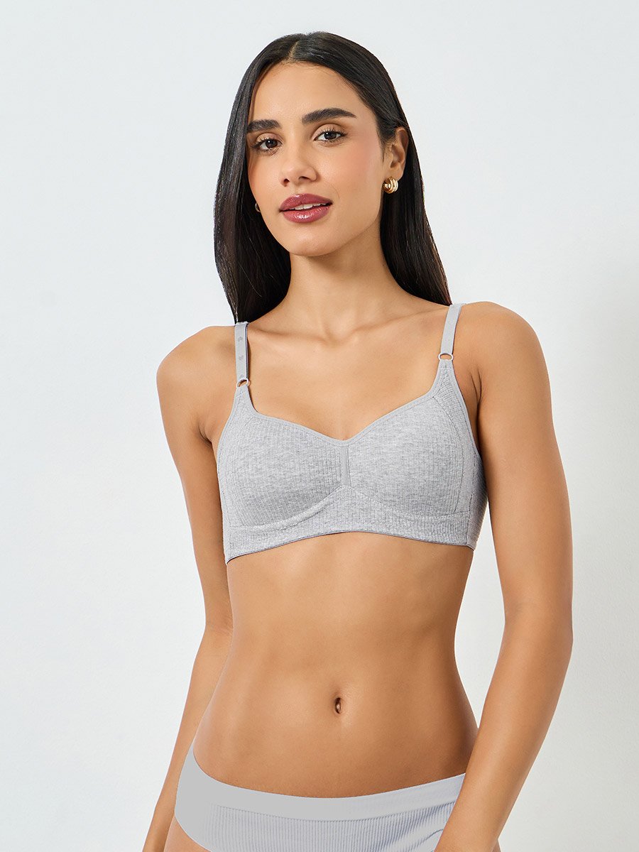 Grey Ribbed Padded Non Wired Bra
