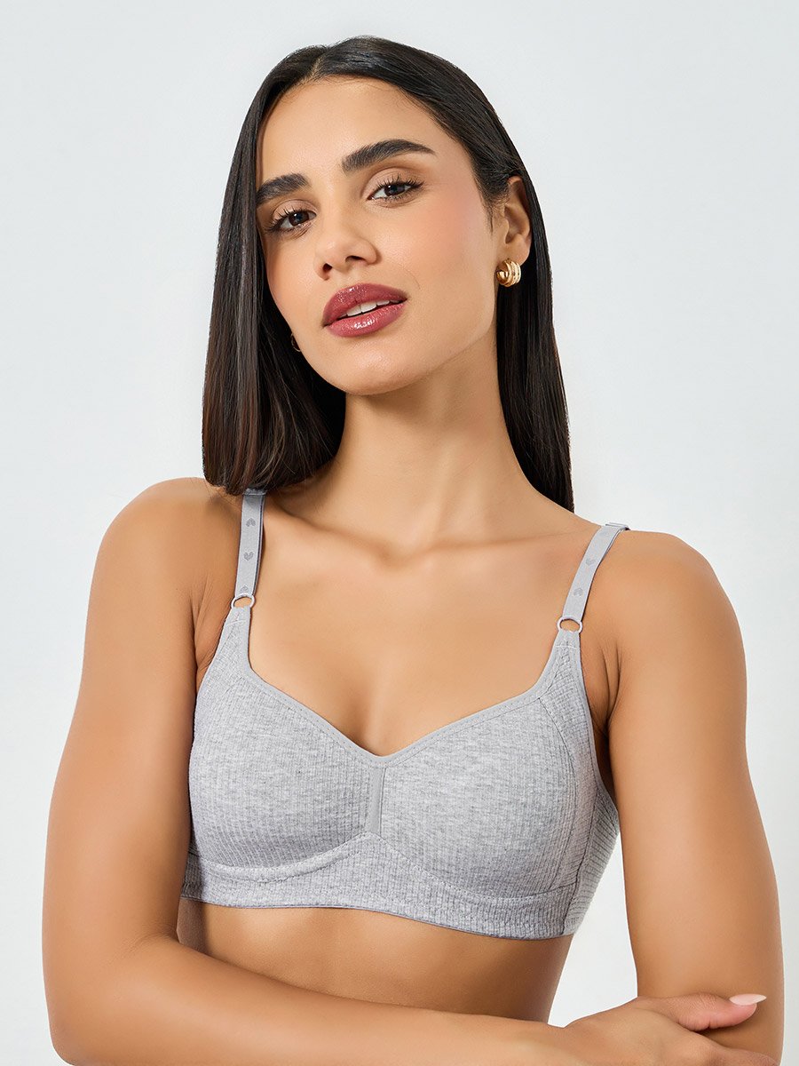 Grey Ribbed Padded Non Wired Bra