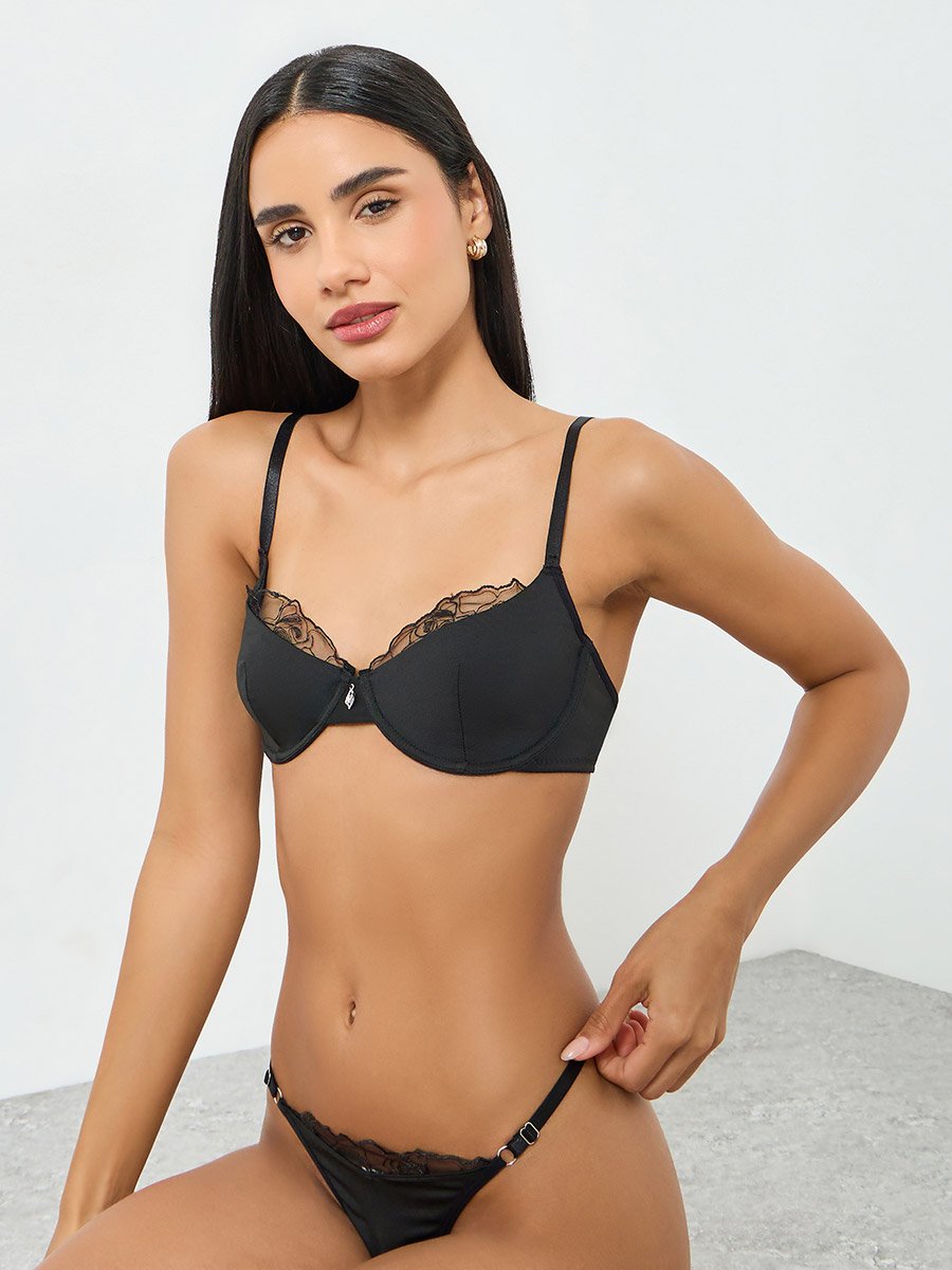 Black Lace Detail Padded Wired Bra and Brief Set