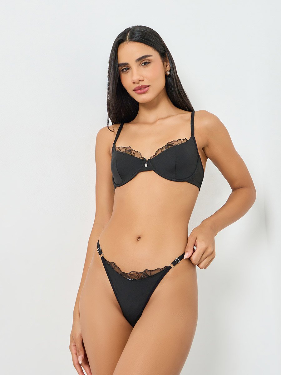 Black Lace Detail Padded Wired Bra and Brief Set