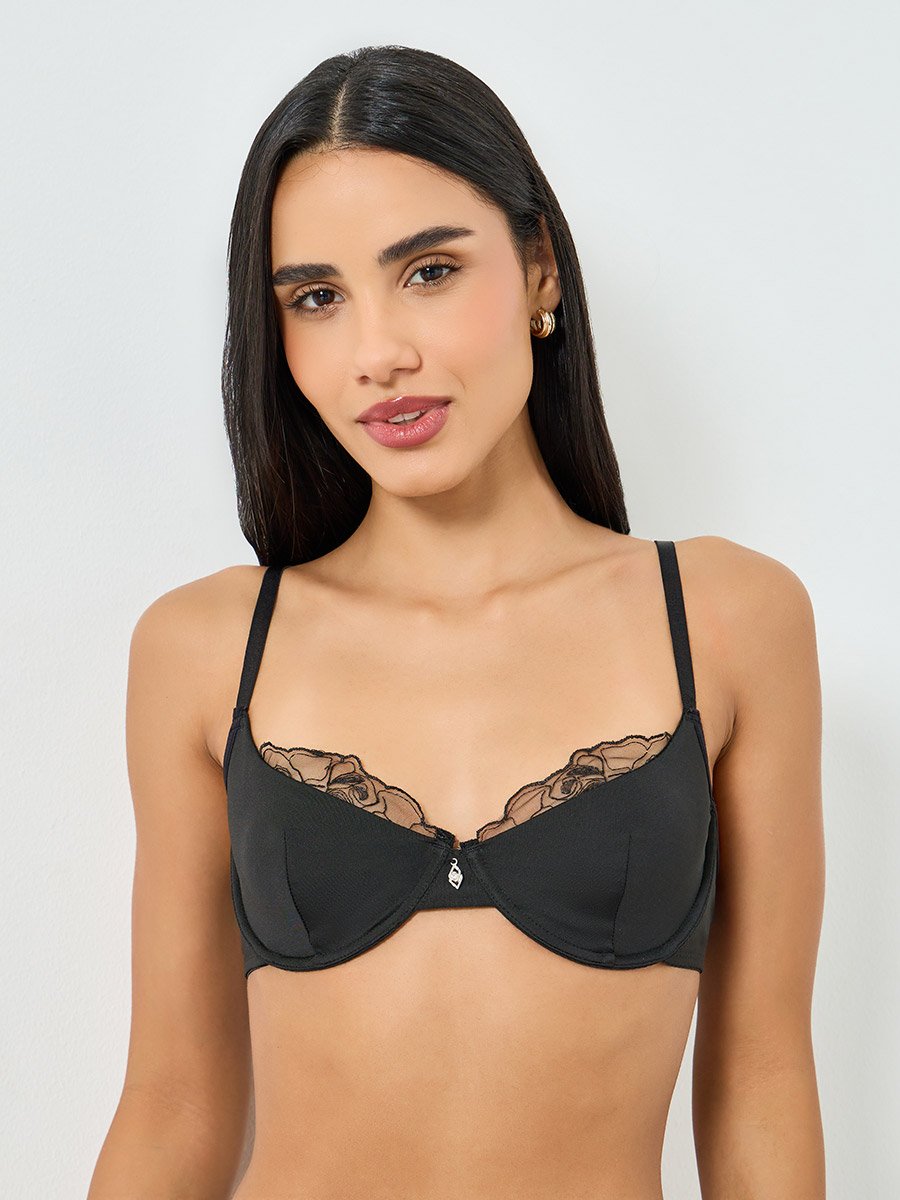 Black Lace Detail Padded Wired Bra and Brief Set