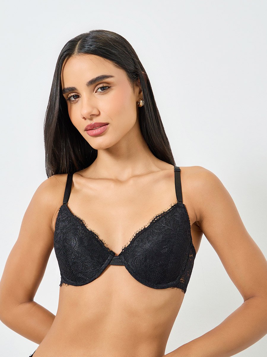 Black Lace Padded Wired Bra and Brief Set