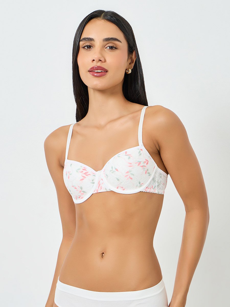 White Leaf Pattern Lace Trim Padded Wired Bra