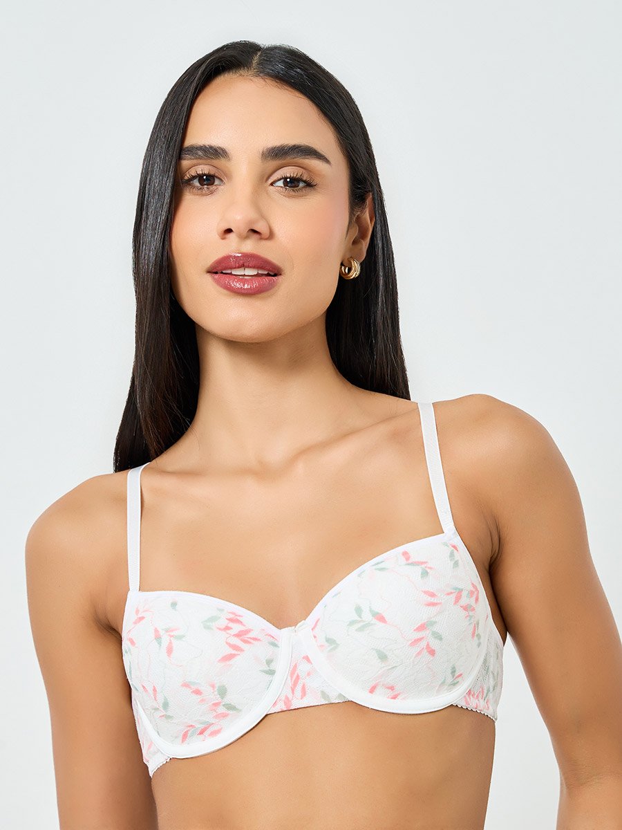 White Leaf Pattern Lace Trim Padded Wired Bra