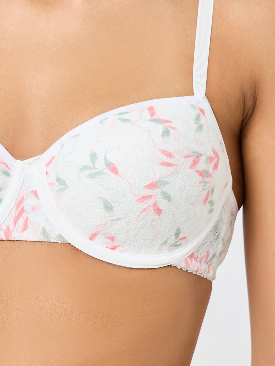 White Leaf Pattern Lace Trim Padded Wired Bra