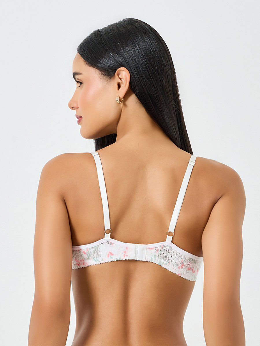 White Leaf Pattern Lace Trim Padded Wired Bra