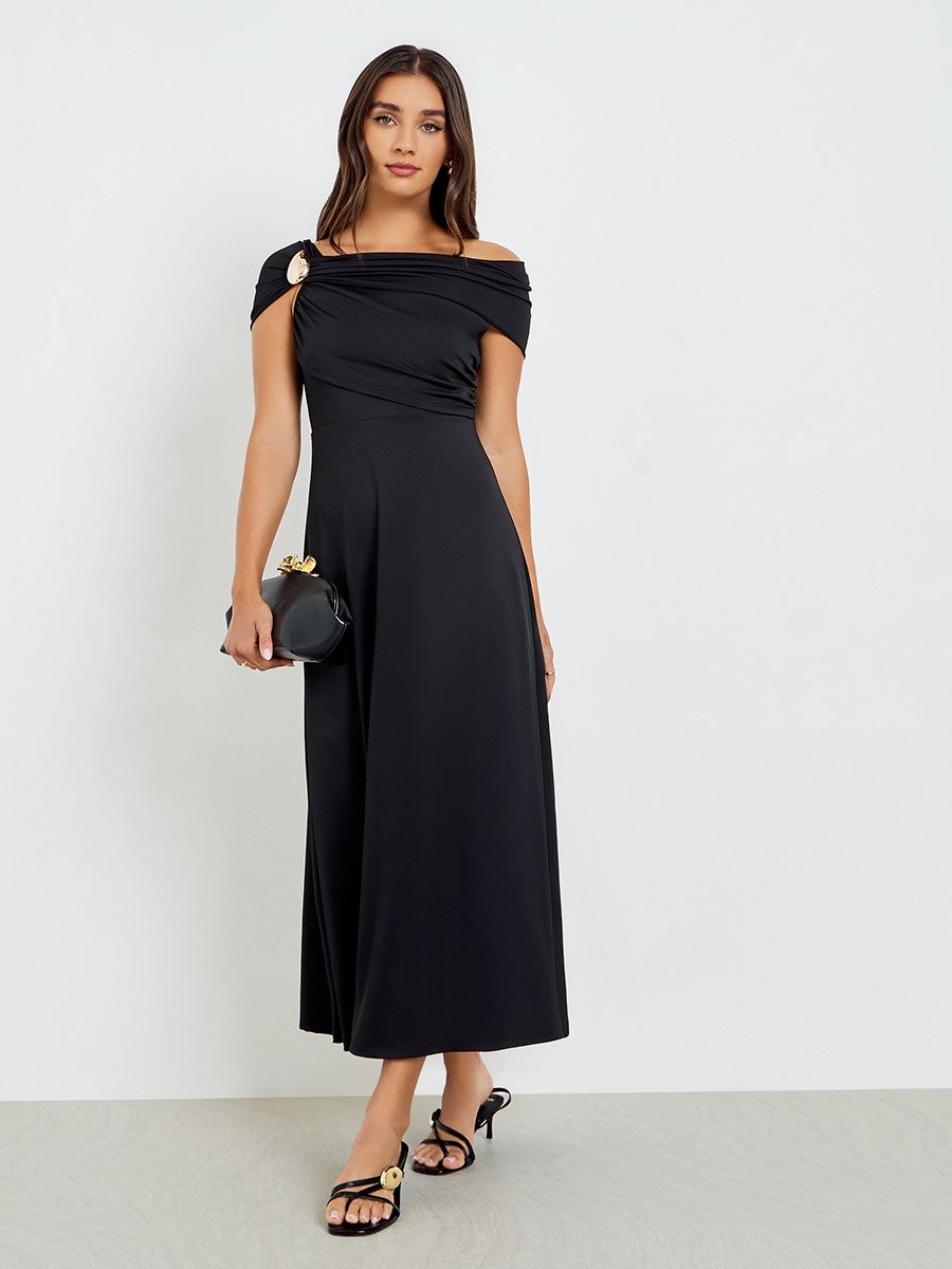 Black Off Shoulder Maxi Dress with Buckle Detail