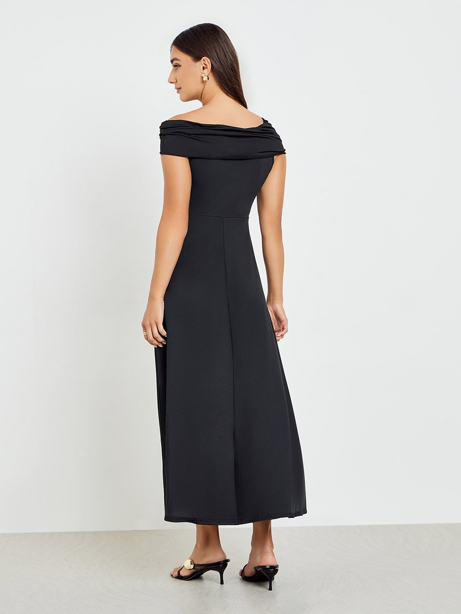 Black Off Shoulder Maxi Dress with Buckle Detail