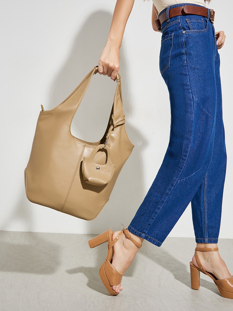 Beige Hobo Shoulder Bag with Charm