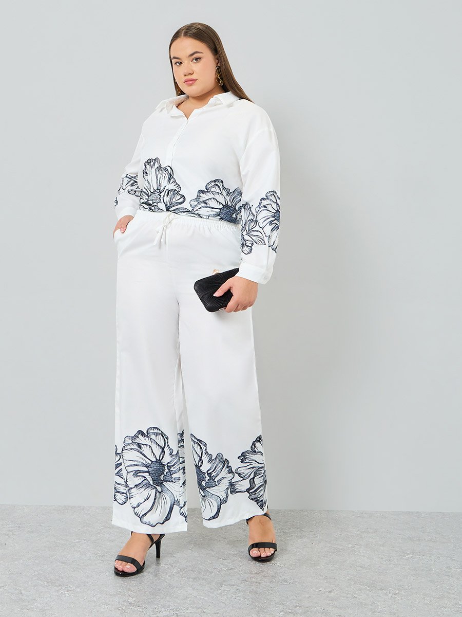 Plus Size Off White Floral Wide Leg Trousers