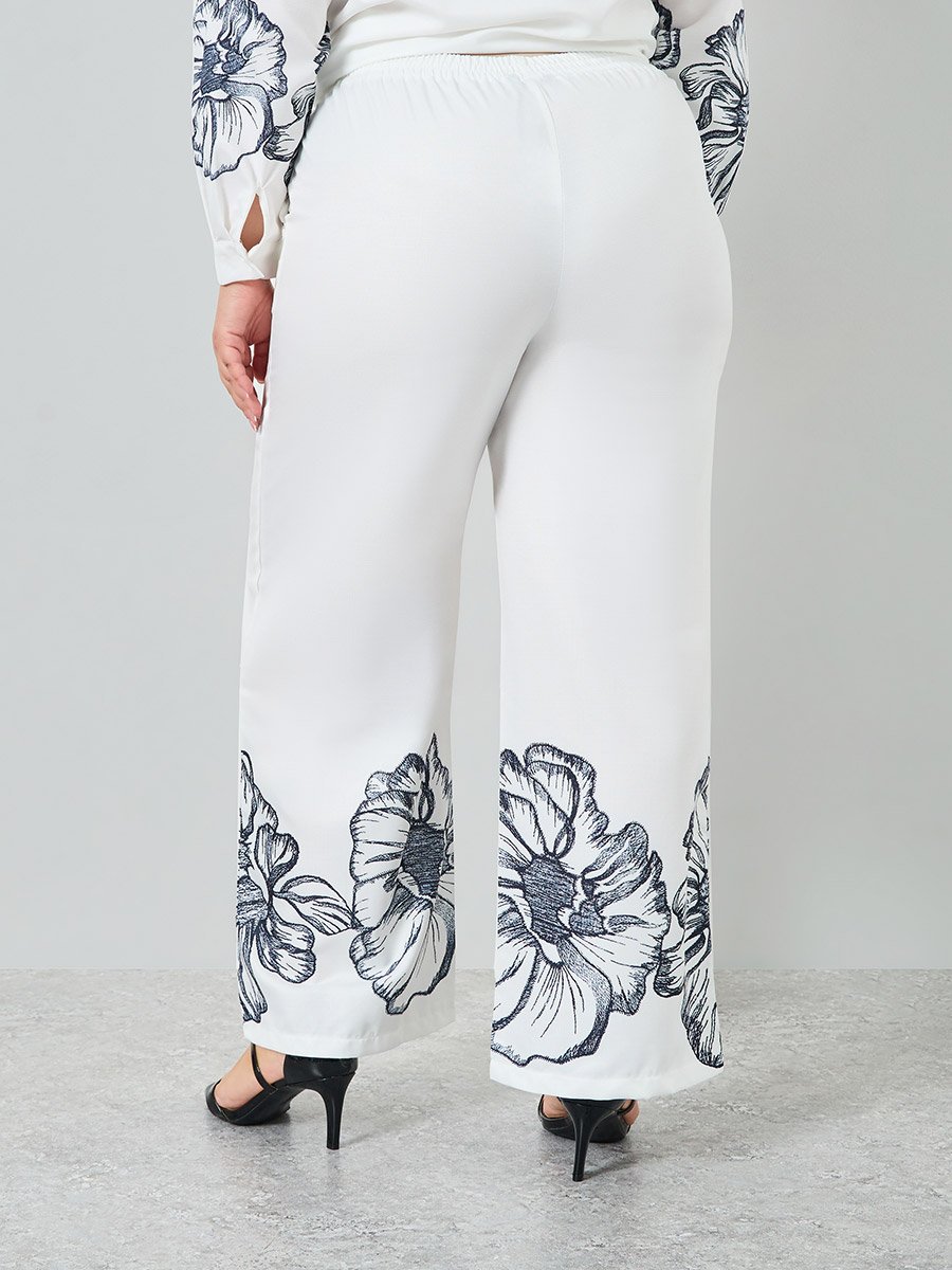 Plus Size Off White Floral Wide Leg Trousers
