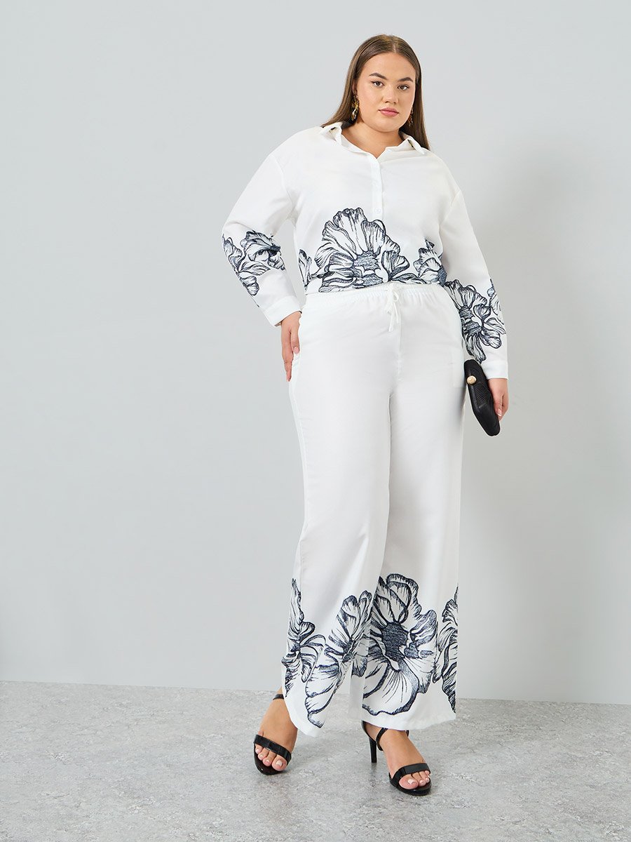 Plus Size Off White Floral Wide Leg Trousers
