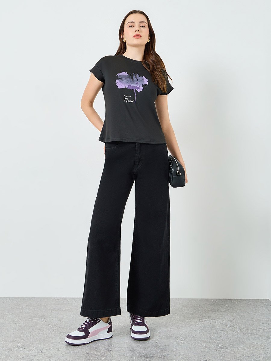Women Black Graphic Flower Print T-Shirt