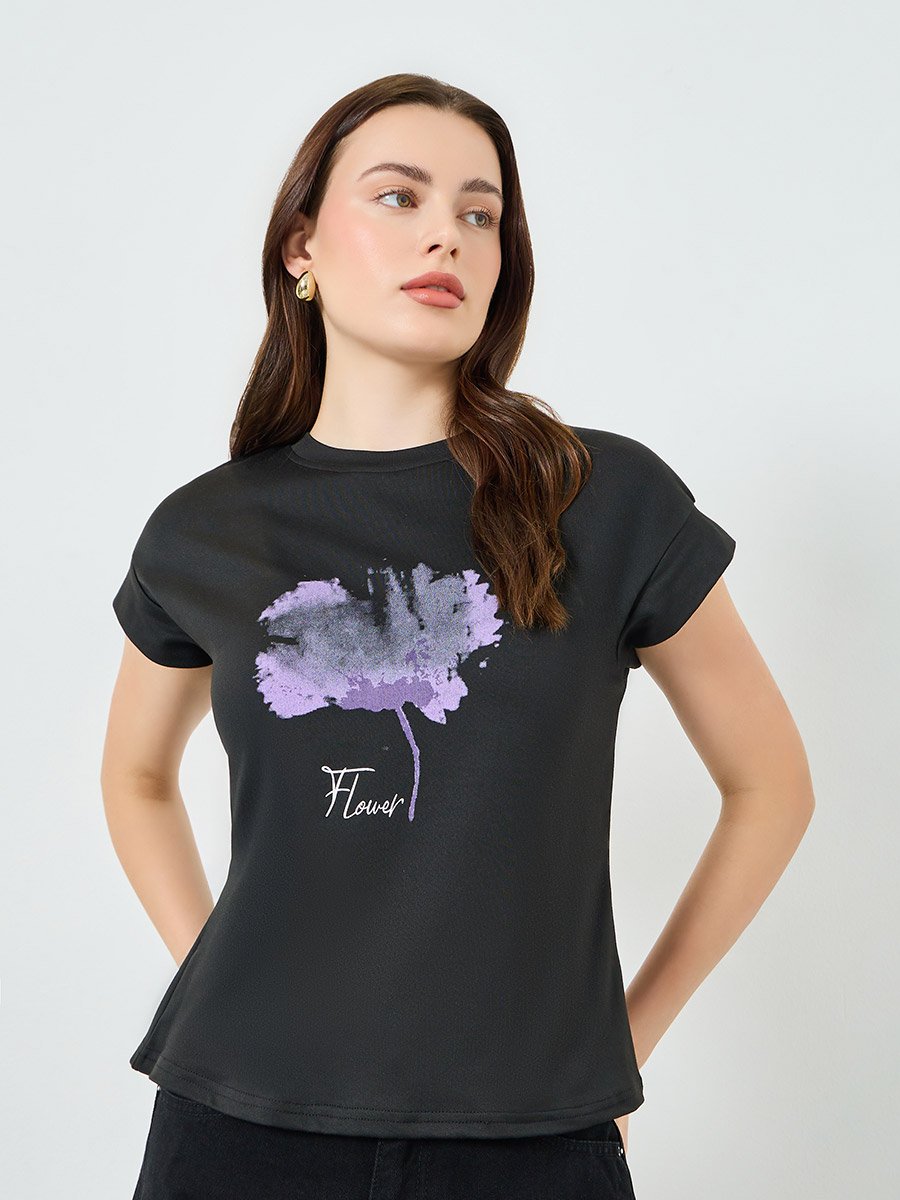 Women Black Graphic Flower Print T-Shirt